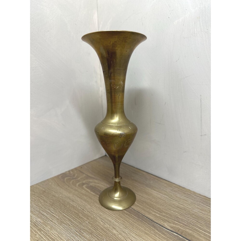Vintage Solid Patina Brass Floral Etched Bud Vase 8 Inch Slim Base